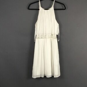 BCX Dress Juniors 9 White Halter Crochet Waist Chiffon Fit & Flare Lined Short